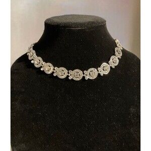 New David's Bridal Silver Tone and Rhinestone Choker Neclace with White Satin Ti